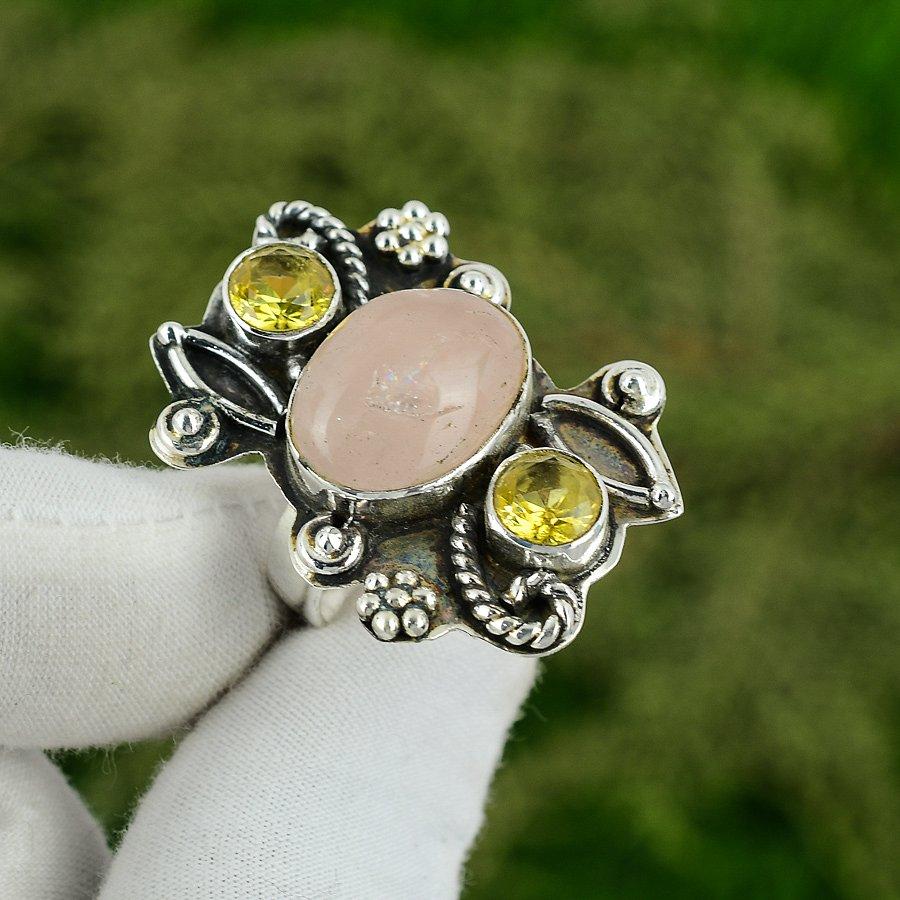 

Natural Rose Quartz Gemstone 925 Silver Stackable Ring Size 7.75 For Girls 7.75