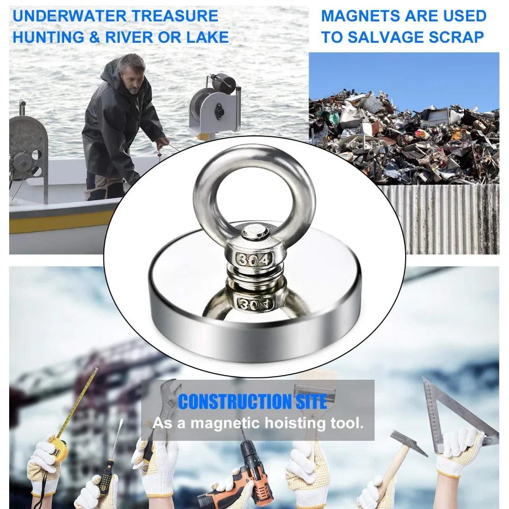 Super Strong Neodymium Fishing Magnets Salvage Magnetic Hook with Countersunk Hole Eyebolt Diameter 42mm 60KG Pulling Force