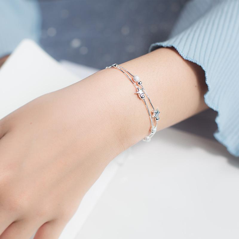 925 Sterling Silver Star Charm Bracelets for Women Double Layer Box Chain Matte Beads Bracelets Jewelry Birthday Gift