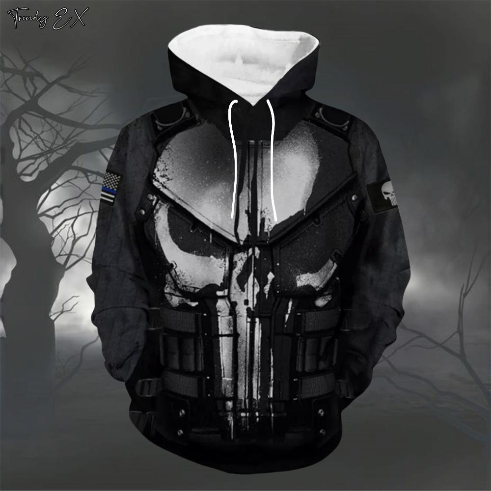 Halloween Sweatshirts for Men Fashion Skull Print Street Harajuku Oversized Graphic Hoodies Comfort Pockets Hoodie Men Clothing