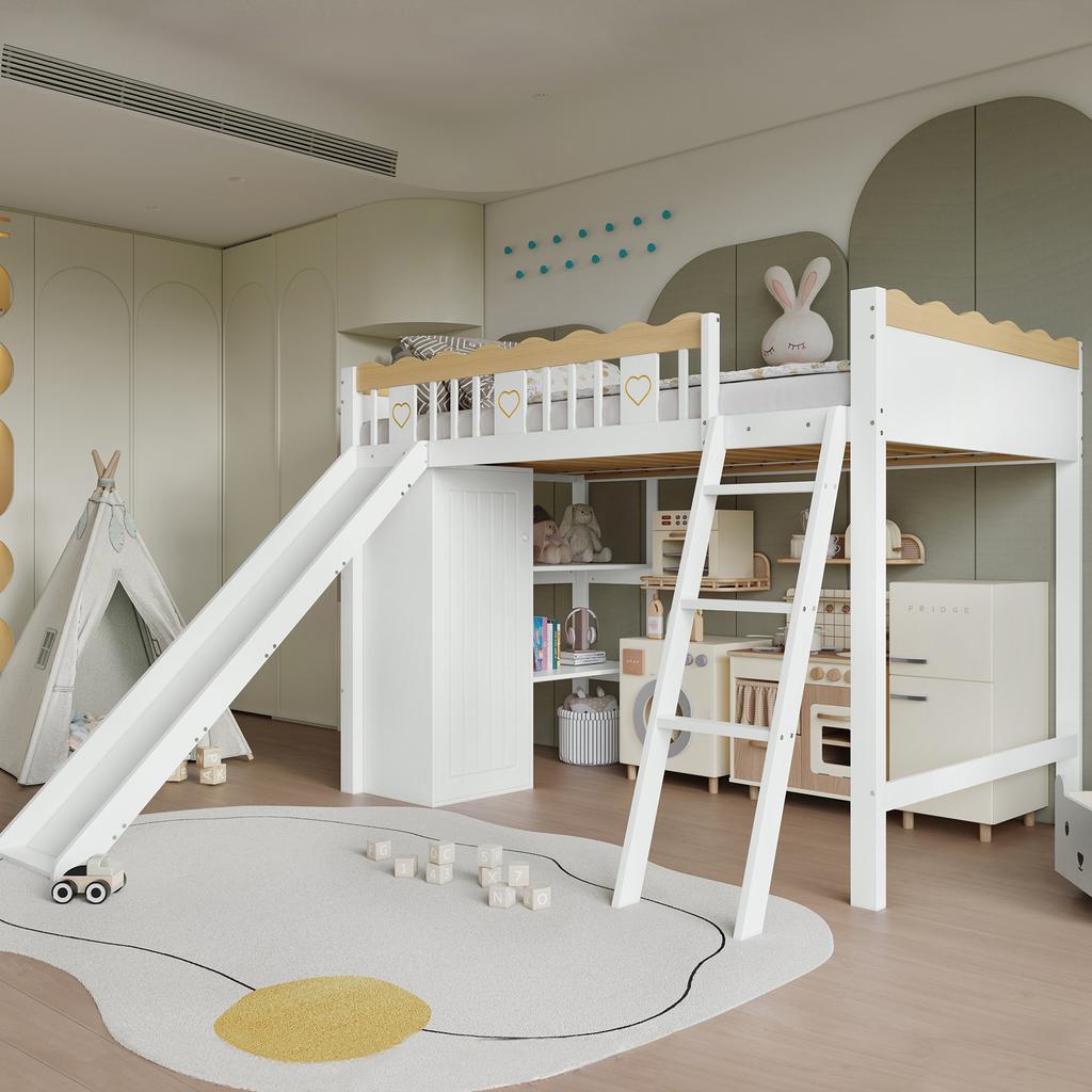 Loft Bed, With Children's Slide, Wardrobe and Storage Cabinet Under the Bed, Four-Sided Fence Pine + MDF + Plywood, White+Natural, 90x200cm