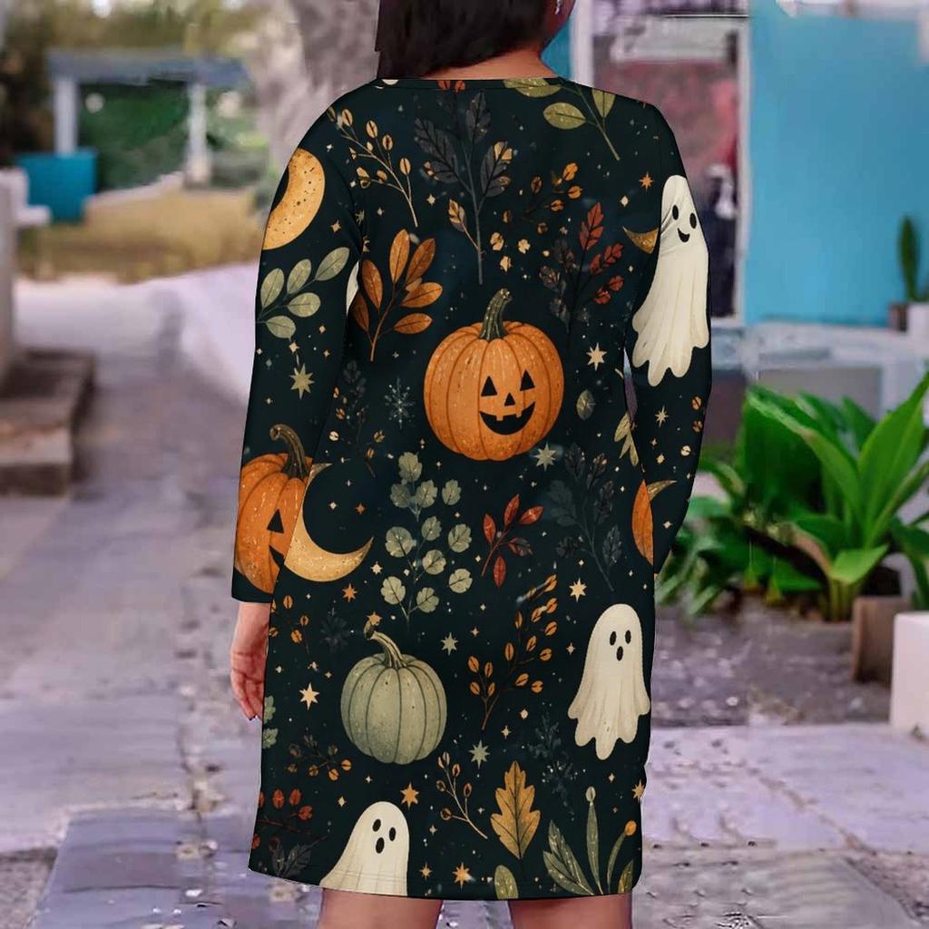 Women Plus Size V Neck Long Sleeve Fitted Straight Hem Dress Halloween Dachshund Printed White