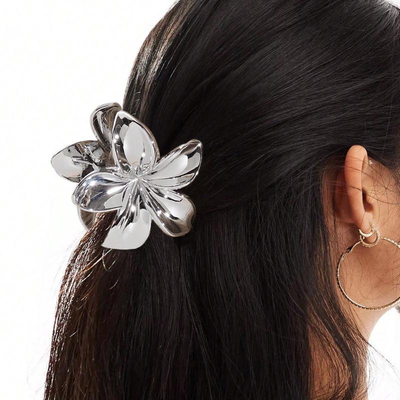 Gold/Silver Flower Shaped Hair Claw Clip, Hair Clip, Metallic Chic Hair Accessory For Updos, School Flower Piranha Summer Hair Clips Hair Jaw Clip