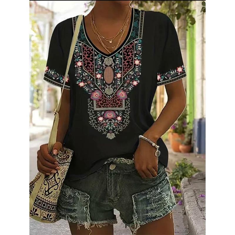 

Summer Ethnic Style 3D Print T-shirts Women Vintage Streetwear Casual Short Sleeve V-Neck T Shirt Harajuku Tees Tops Clothing 5XL
