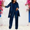 Women Plus Size Dark Blue Printed Round Neck Long Sleeve Layered Top And Long Pants Two Piece Set