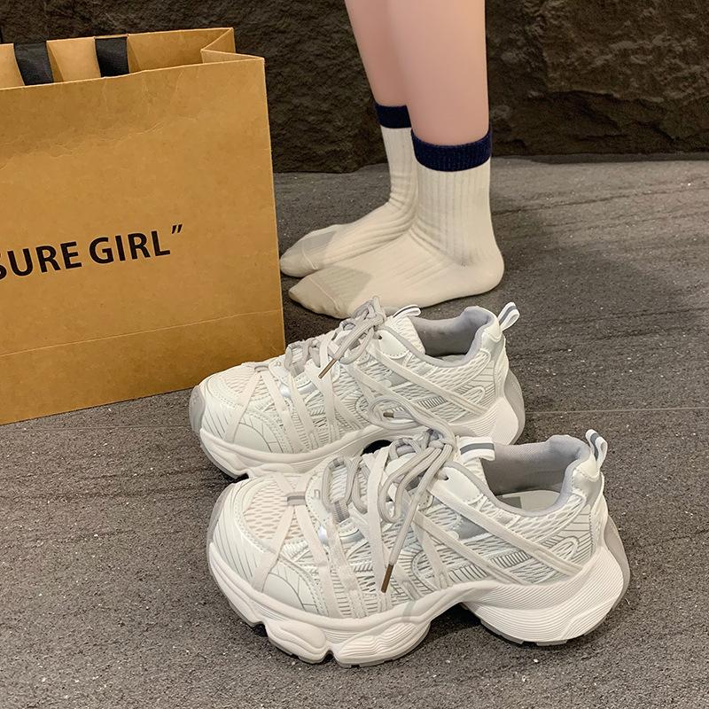 Strap Platform Dad Shoes Women's Spring and Summer New Breathable Mesh Round Head Lace-up Casual Sports Shoes