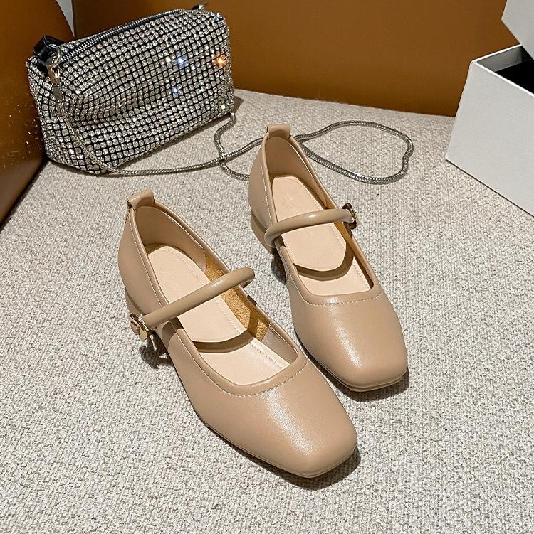 Fashion French Pumps Women's 2025 Spring Shallow Mouth Square Toe Thick Heel Single Button Mary Jane Shoes Square Toe Grandmother Shoes
