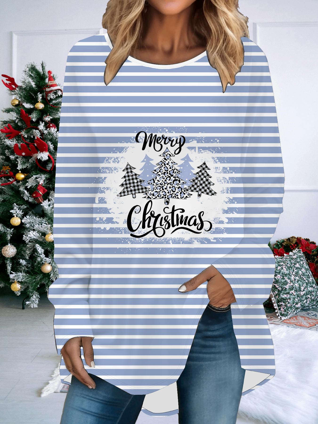 

Женская футболка больших размеров с принтом на весну и Рождество, удобная, с длинным рукавом и круглым вырезом, повседневная, свободного кроя, средней длины, топы 8XL синий