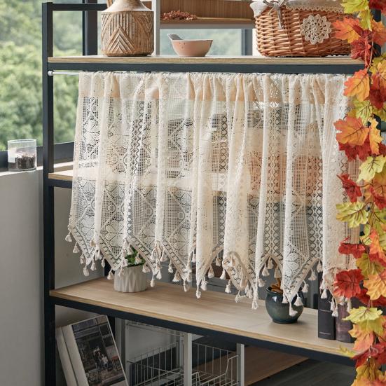 Francouzská krajková záclona Vintage krátká průsvitná skříňková záclona Farmhouse Rustikální Boho Malé okno Kapsa na tyč Filtrování světla Háčkovaná záclona
