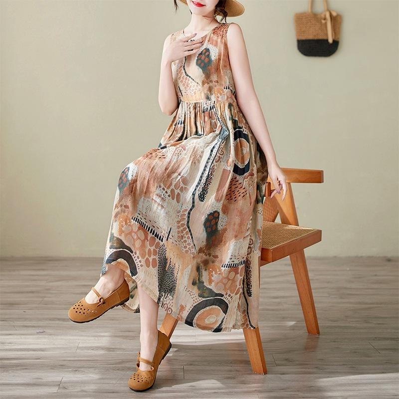 2025 Summer New Retro Printing Cotton and Linen Long Dress Women's Loose and Thin Round Neck Sleeveless Vest Dress