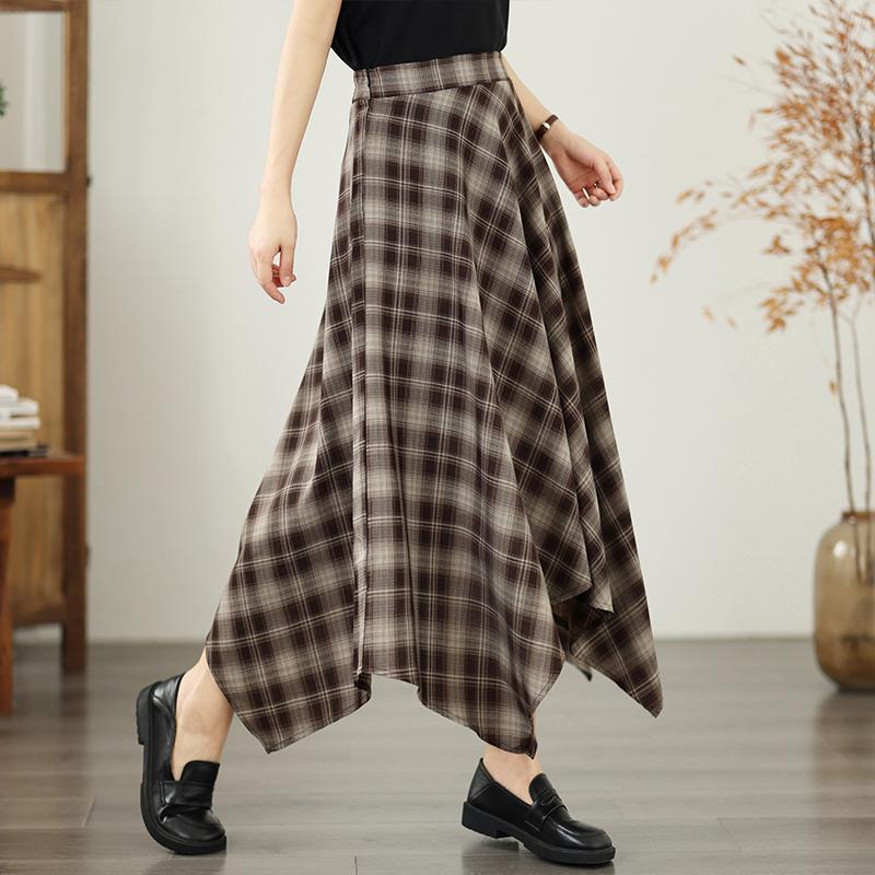 Plus Size High Waist Cotton Vintage Plaid Casual Summer Loose Long for Woman Skirts Womens Skirt