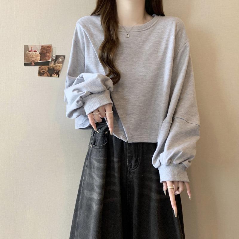 Real Shot Short Hoodless Sweater Women's New Thin Loose Solid Color Irregular Long-sleeved Top