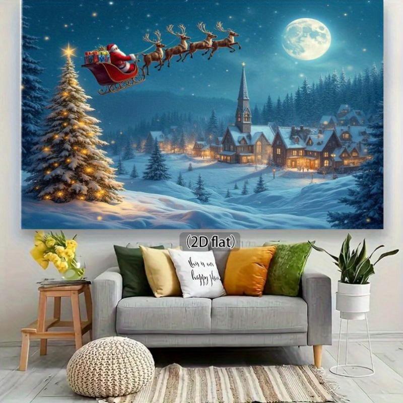 1pc Festival Santa Claus Sled Canvas Mural - Winter Miracle Scene with Snow Village and Full Moon Christmas Home Decoration