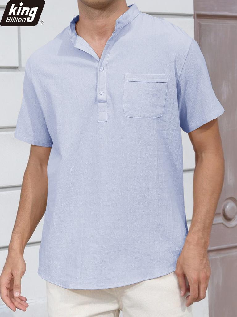 Summer New Men's Lightweight Cotton Linen Short Sleeve Henley Neck T-shirt - Breathable Casual Solid Color Tops Basic Style Tees