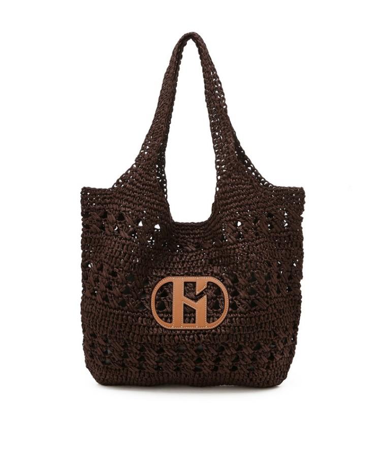 Hazzys Women Acc Signature H Logo Patch Dark Brown Rattan Shoulder Bag L Hiba6E794W2