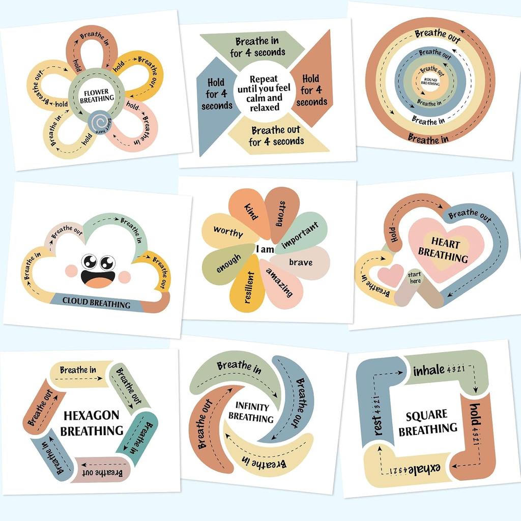 Geyee 9 Pcs Classroom Breathing Posters Calming Corner Posters Mindfulness Therapy Office Decor Calm Down Supplies Feelings Chart for Kids