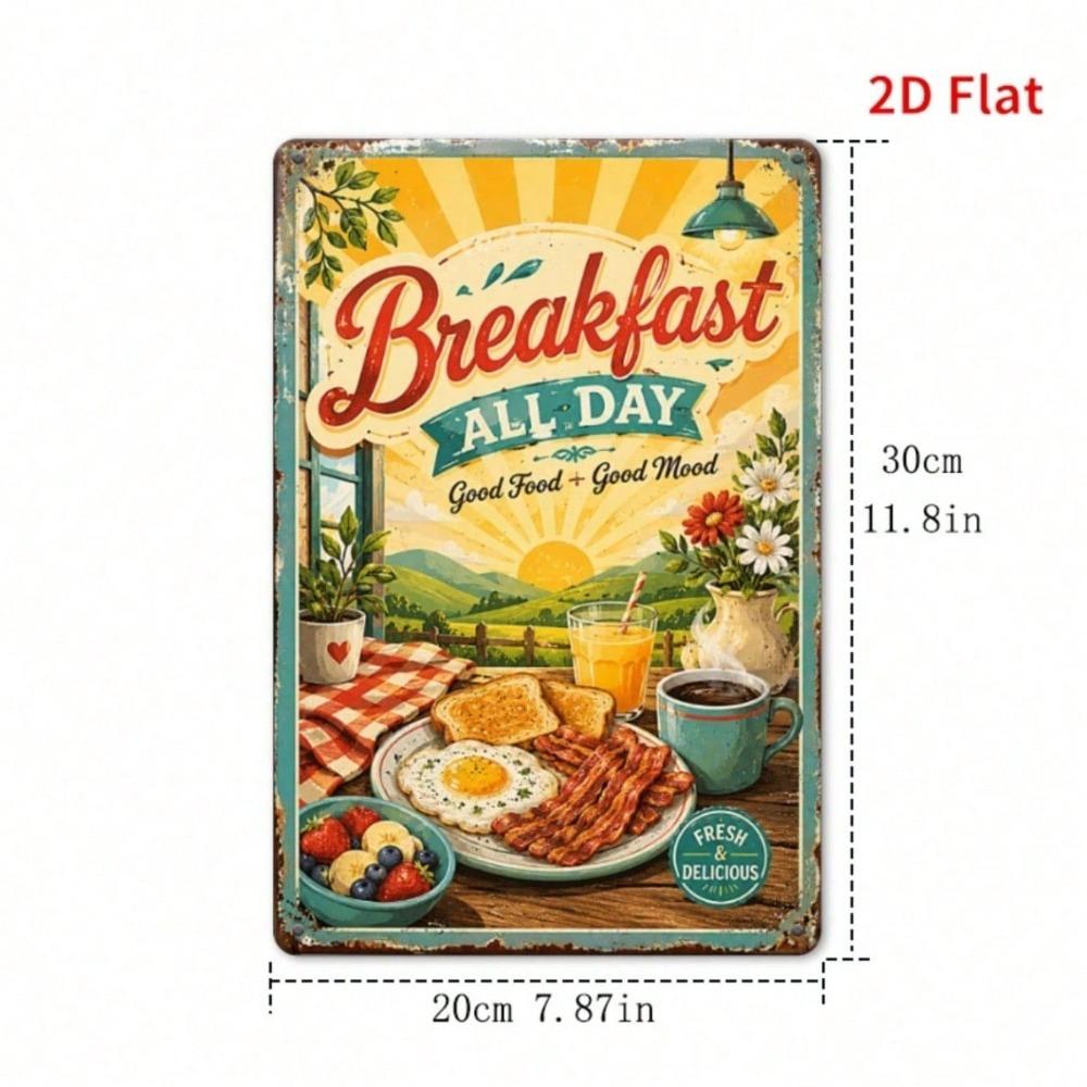 Vintage Breakfast Tin Sign, 11.8x7.9in, Good Food Good Mood Metal Plaque, Bacon Egg Toast Cafe Wall Art