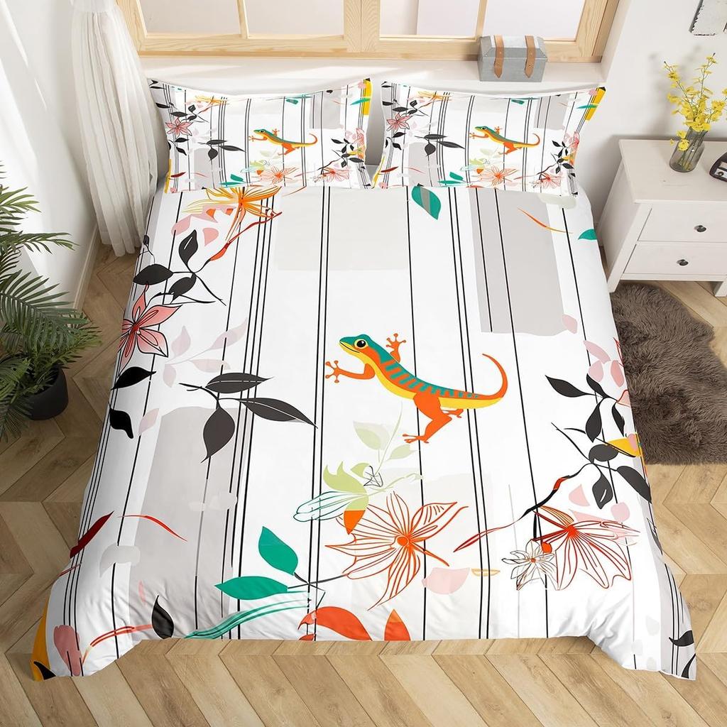 Eidechse Reptilien Bettbezug Geschenk für Jungen Mädchen Lustiges Gecko Bettwäscheset Full Queen Mikrofaser Niedliches Tiermotiv Bettdeckenbezug