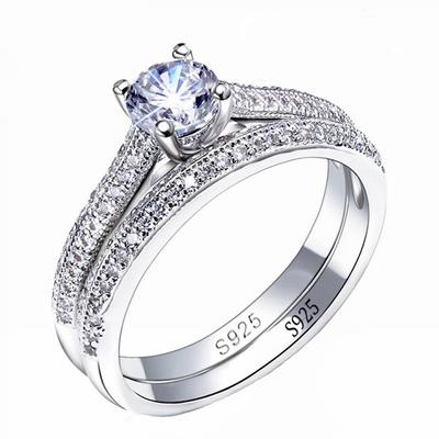 Rings for Women Silver Color Double Stackable Fashion Jewelry Bridal Sets Wedding Engagement Ring Accessory
