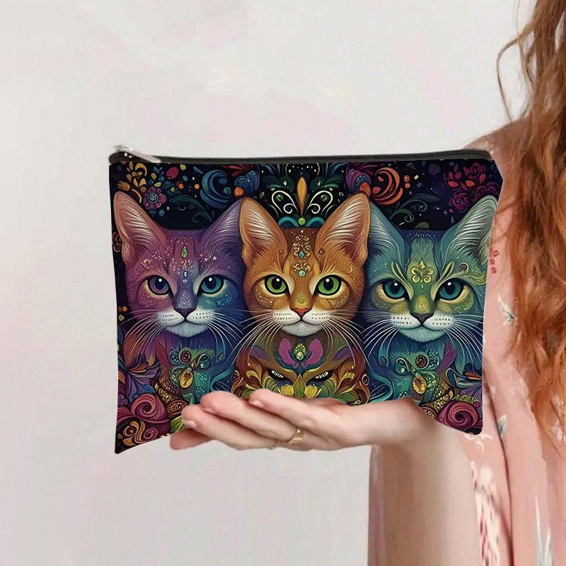 Retro Katzen Kosmetiktasche Leinwand Reißverschluss Große Kapazität Federmäppchen Kosmetikaufbewahrung Handwaschtasche
