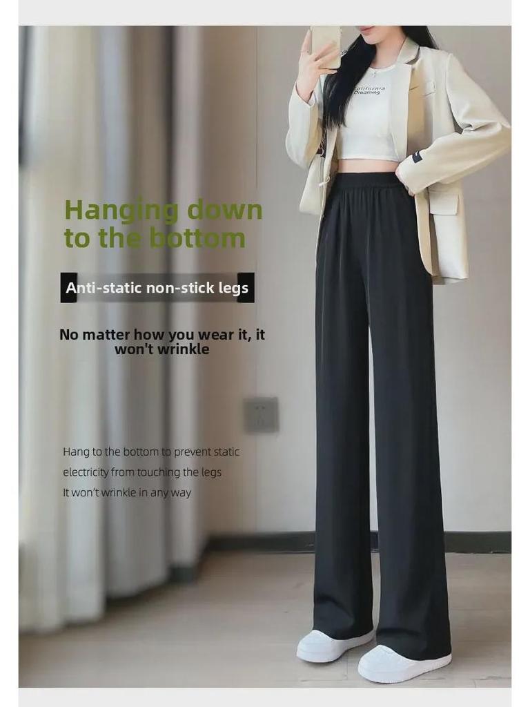 Women's 2025 Black Ice Silk Suit Pants: Spring/Summer Straight-Leg, Petite/Wide-Leg Casual Style
