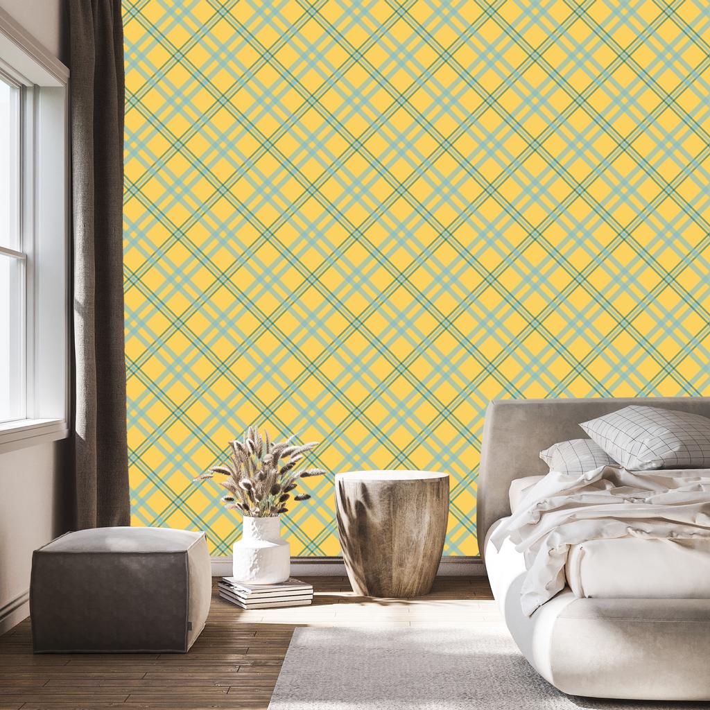 Yellow and blue checkered wallpaper for living room and bedroom 50x1000