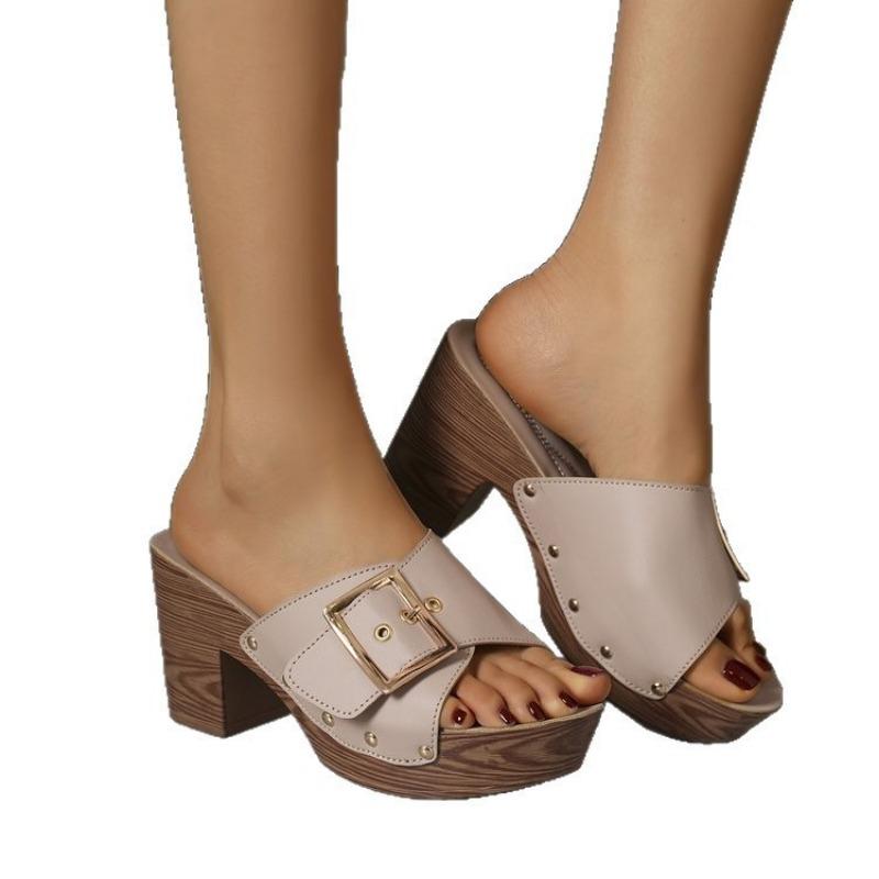 Large size thick high-heeled slippers women's summer new belt buckle fashion Xiyin sandals women