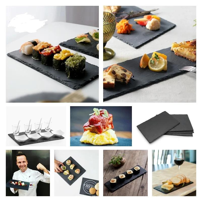 Black Stone Round Natural Slate Western Steak Plates Slate Dinner Plate Kitchen Cheese Pizza Flat Fruit Tray  Plate For Wedding