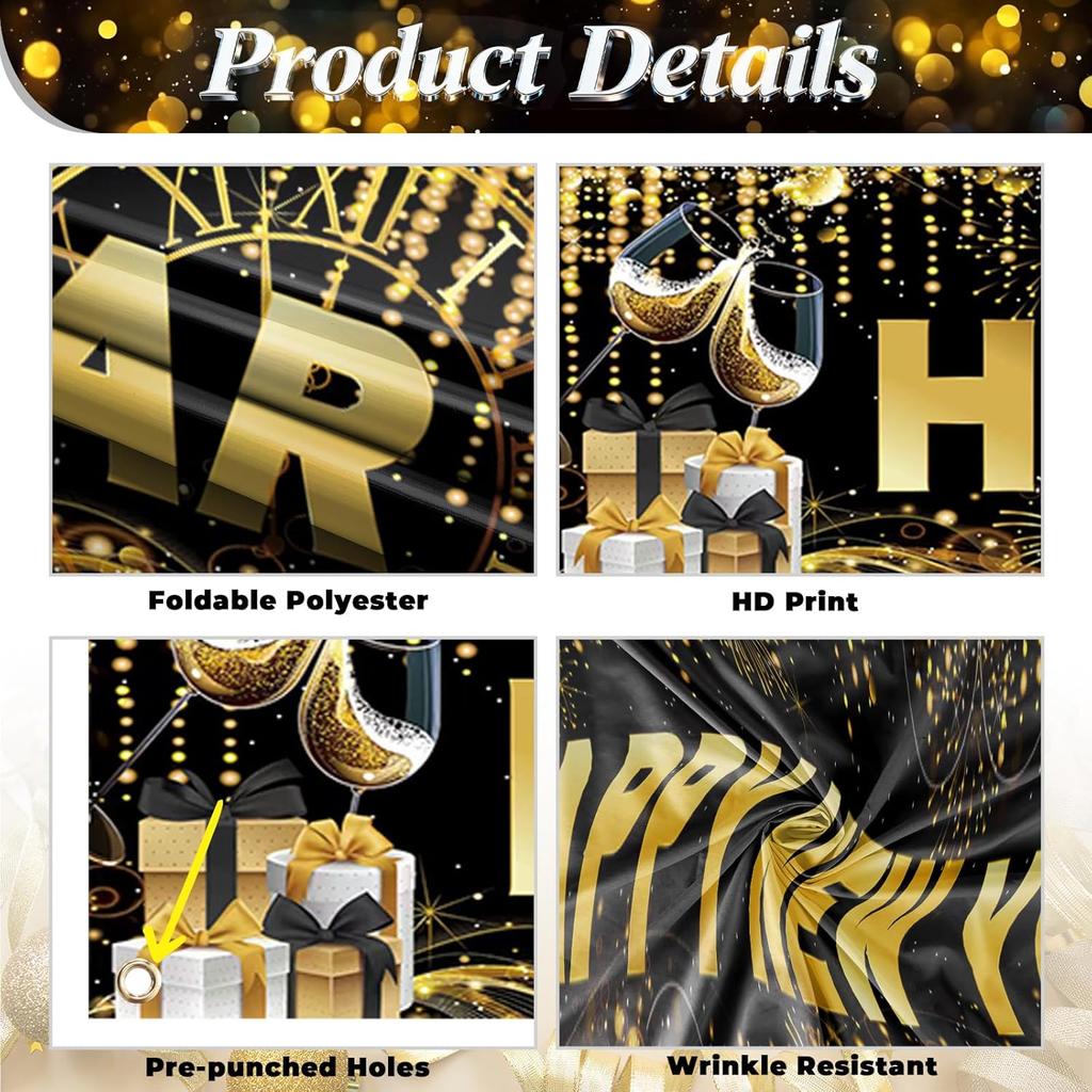 Long Happy New Year Banner 2026 Black Gold New Years Eve Party Decorations Banner Backdrop, 118 × 20 inch Sparkle Photo Booth Sign Background for