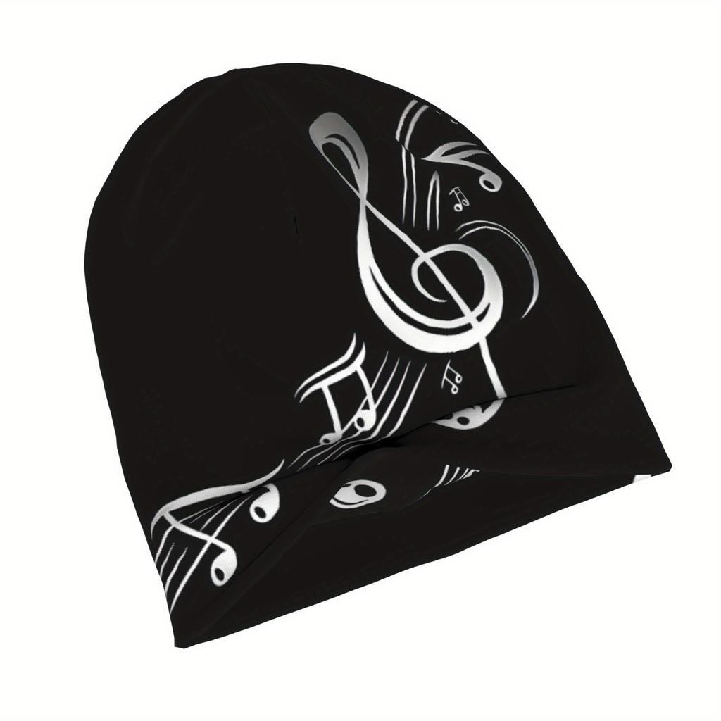 1Pc Men'S Fashion Music Notes Beanie Hat, 95% Polyester 5% Spandex Knit Skull Cap, Modern Style No Brim Bonnet