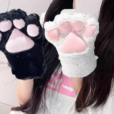 Cartoon Cute Cat Claw Paw Gloves Women Plush Mittens Warm Soft Plush Short Fingerless Fluffy Bear Cat Gloves Costume Half Finger