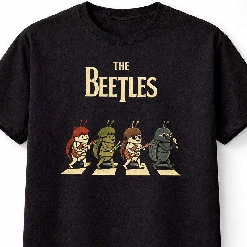 The Beetles TShirt Cute Insect Band Beatles Unisex Black Graphic Tee S