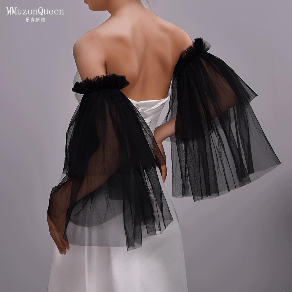 Sheer Tulle Flare Arm Sleeves, Ruffle Elastic Off Shoulder Mesh Cuffs Detachable Bridal Gloves for Wedding Gown Prom Evening Party Photoshoot