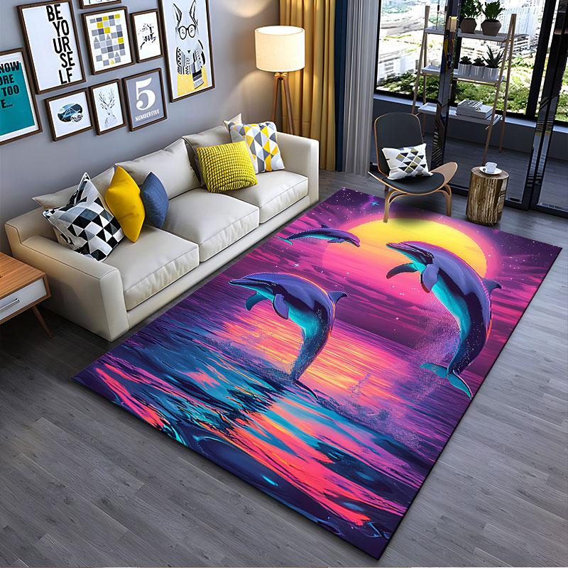 Jumping Dolphins Sunset Scene suitable as a non-slip mat for the living room or bedroom sofa