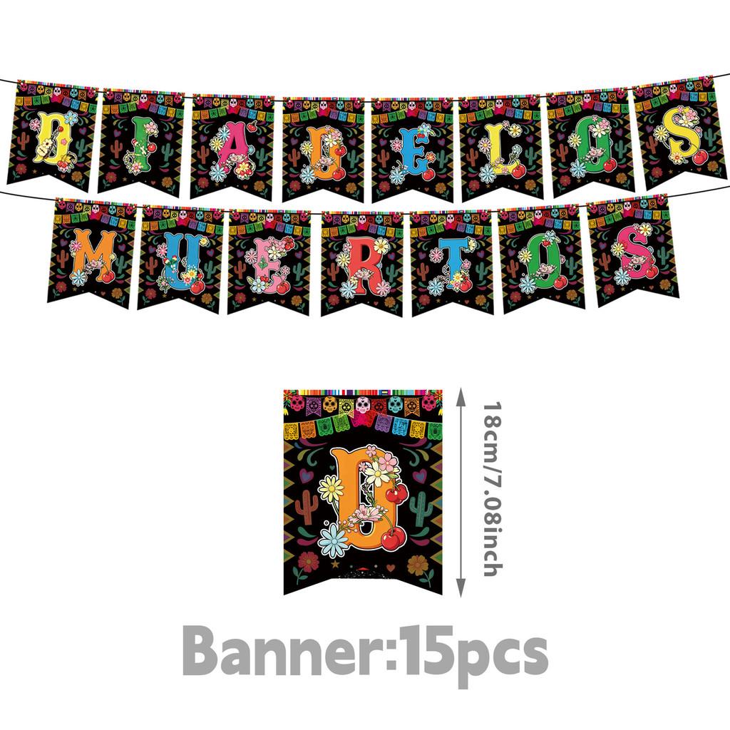 Mexican Day Of The Dead Party Decor Banner And Tableware Set With Paper Plates For Festive Celebrations