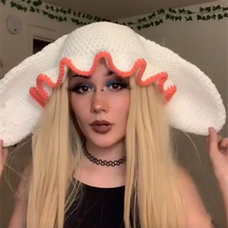 New Hand Knitted Embroidered Big Brim Hollow Fisherman Hat Showing Face Little Cute Knitted Hood