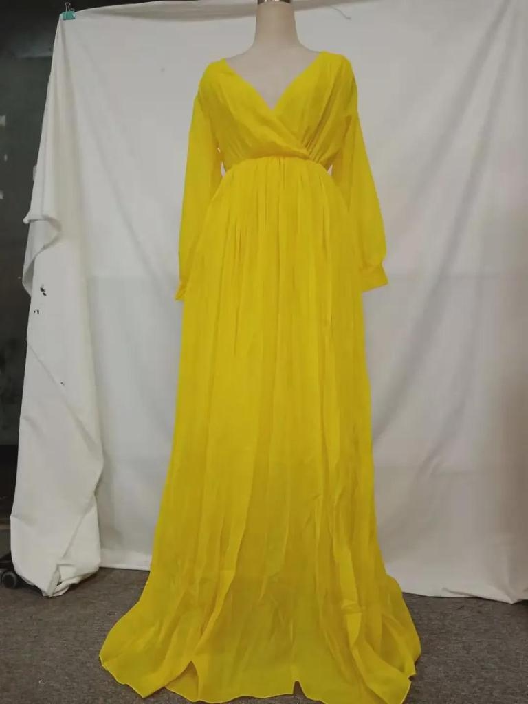 Retro Šifonové Žluté Dlouhé Šaty s Vysokým Pasem a Páskem