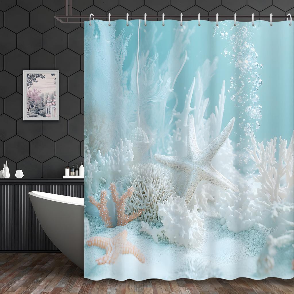 1 piece star art starfish pattern shower curtain, polyester fabric, machine washable, suitable for bathroom decoration