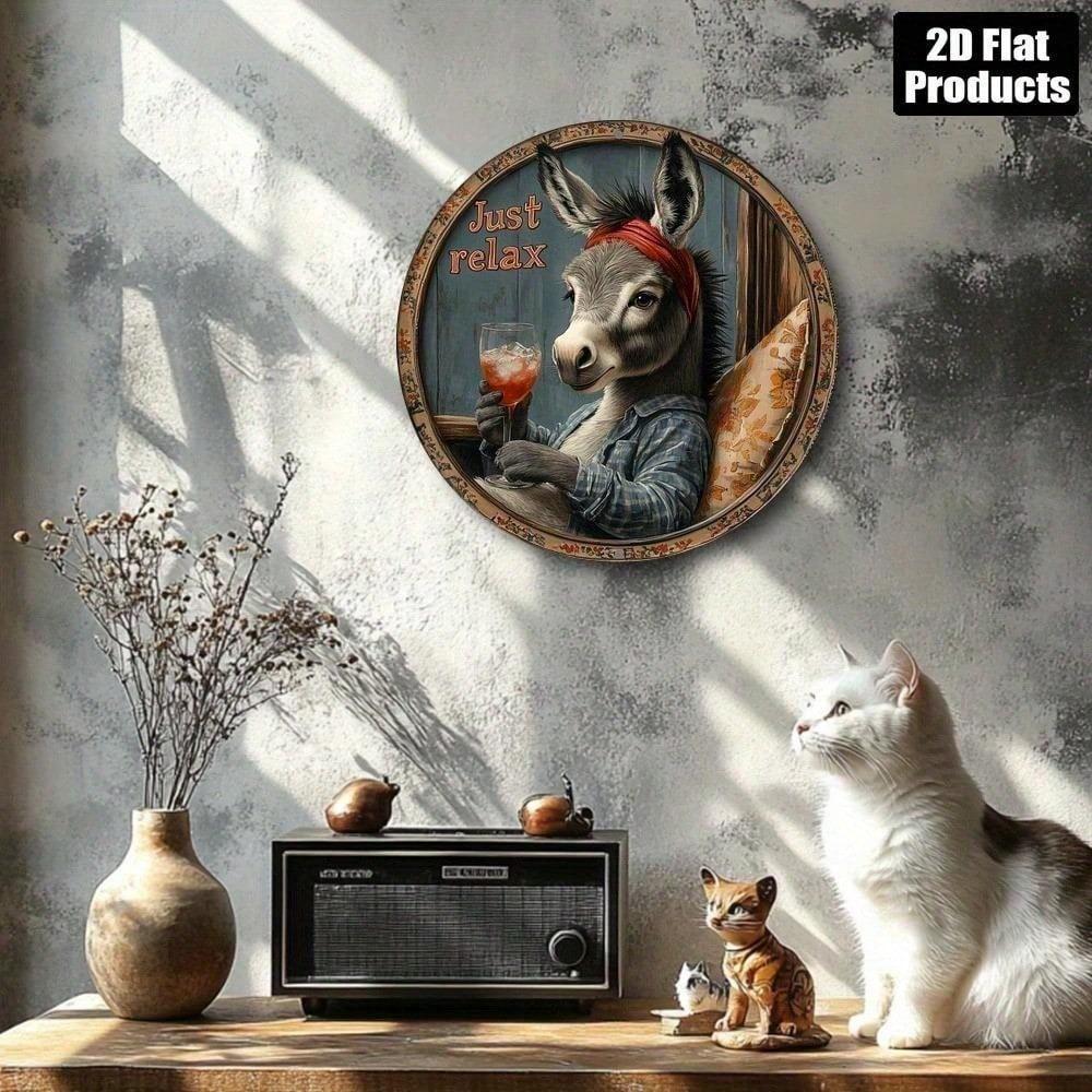 Retro Donkey Drinking Water Metal Sign Round Wall Art For Bar Kitchen Cafe Office Home Decor