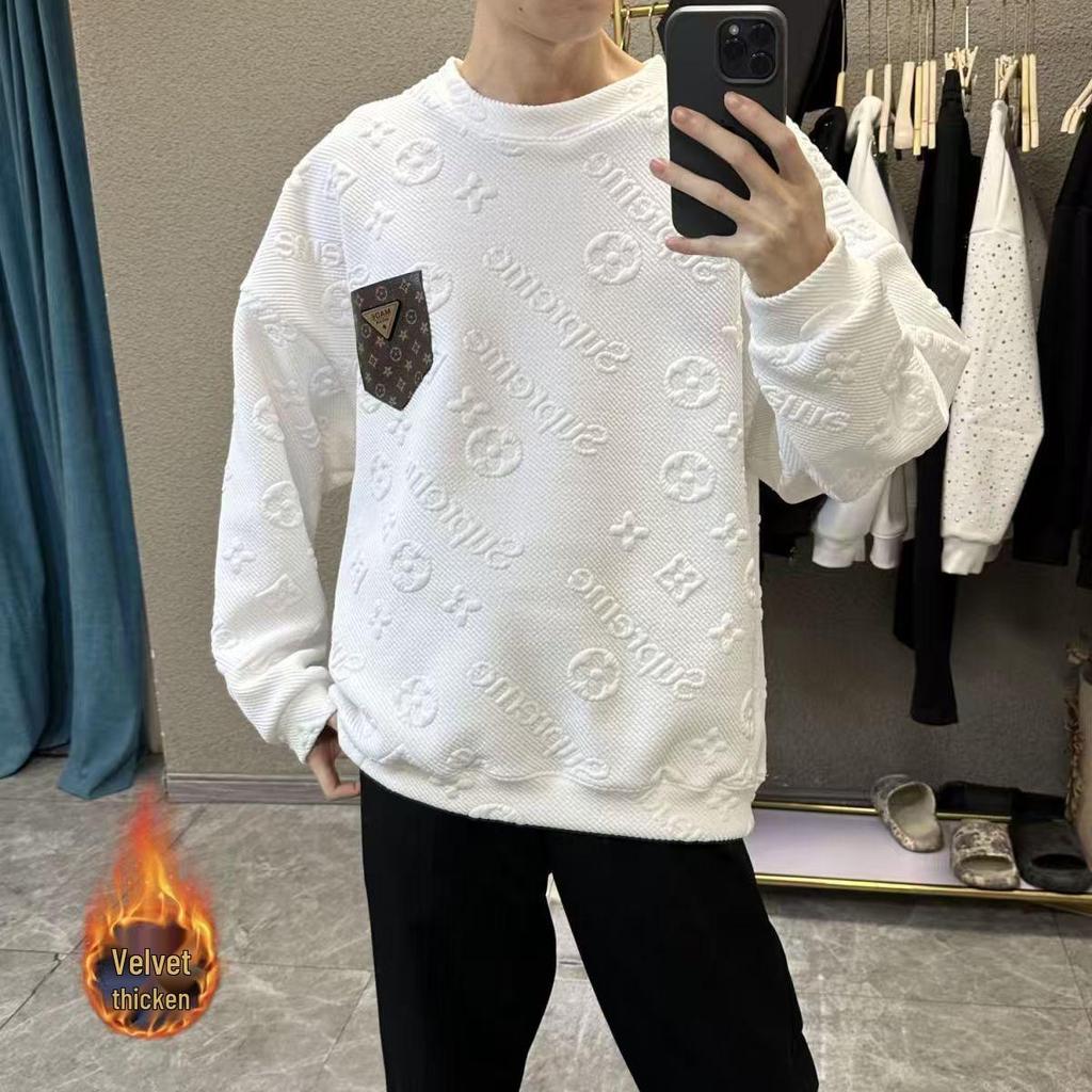 Felpa Jacquard da Uomo alla Moda con Fodera in Pile, Autunno/Inverno, Girocollo con Tasca a Lettera per Coppie