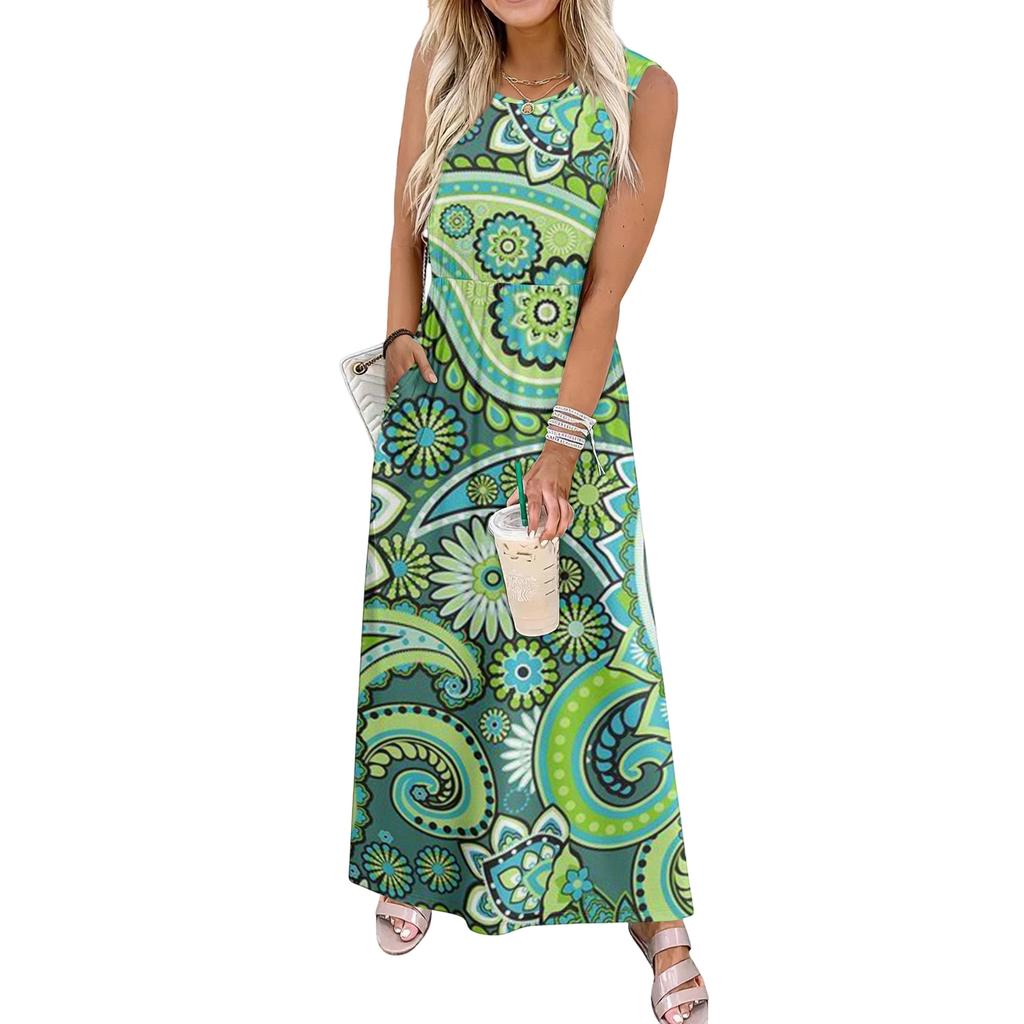 Ladies' Floral Print Casual And Fashionable Waist Cinched Sleeveless Dress
