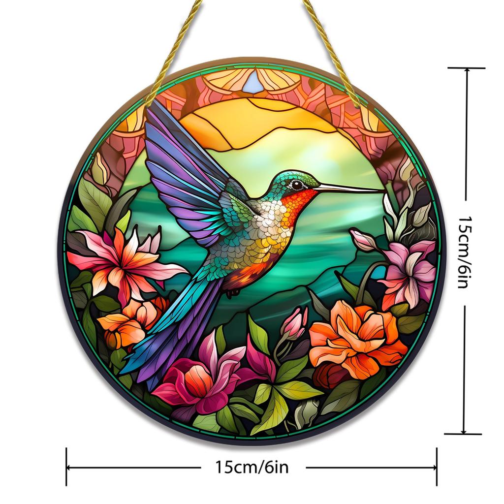 NEW Acrylic Painted Hummingbird Pendant Bird Floral Pattern Suncatcher Round Wreath Porch Window Outdoor Patio Hanging Ornaments