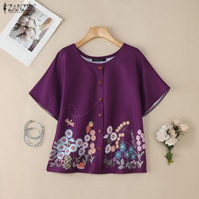 Women Floral Print Summer Short Sleeve Casual Blouse