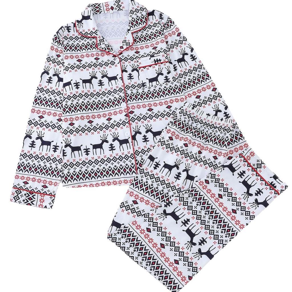 Women's Christmas Printed Pajamas: Lapel Long Sleeve Cardigan with Long Pants, Suitable for All Seasons in European and American Styles.