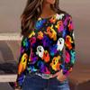 Women's Halloween Print Long Sleeve Top with Round Neck and Hem Slit