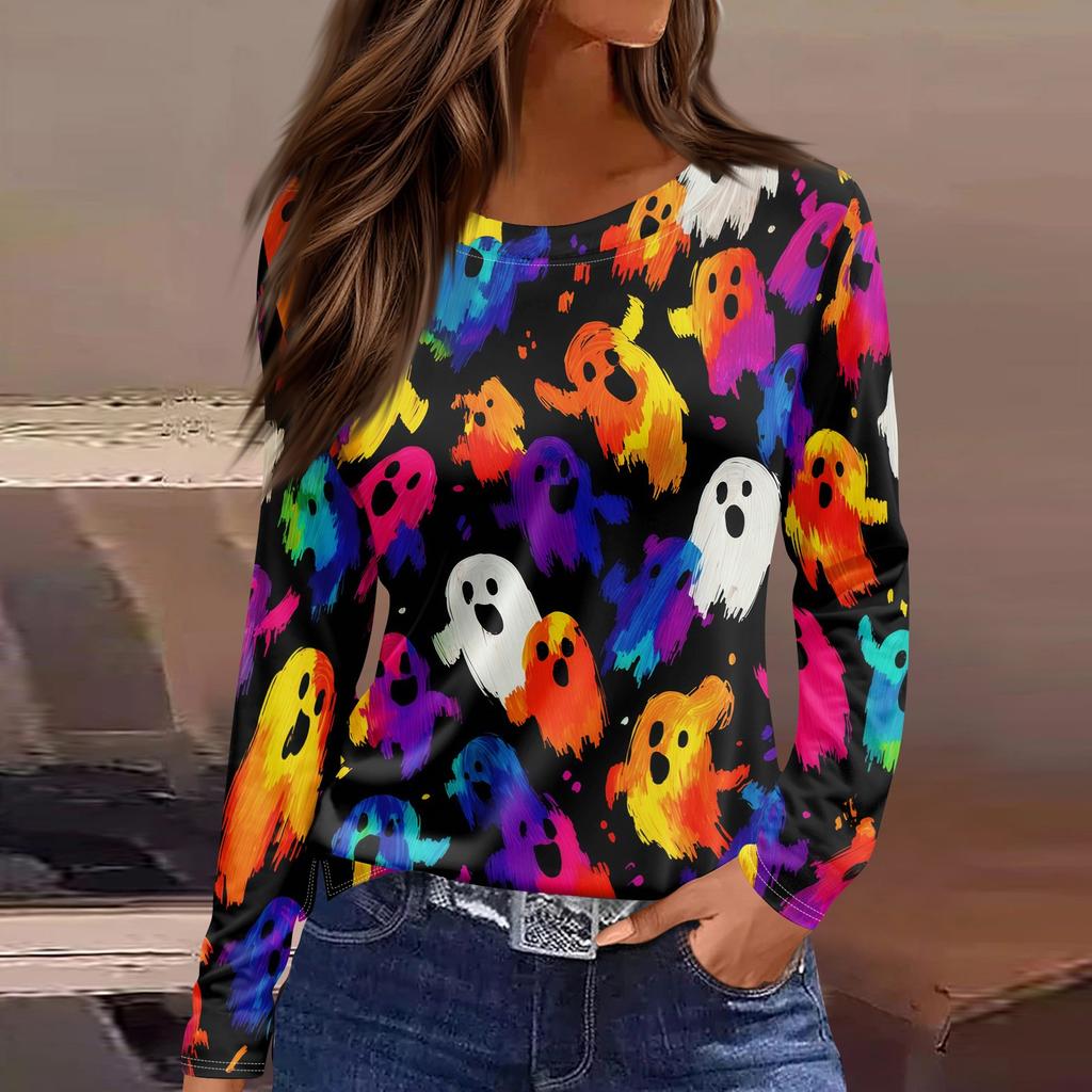 Women's Halloween Print Long Sleeve Top with Round Neck and Hem Slit