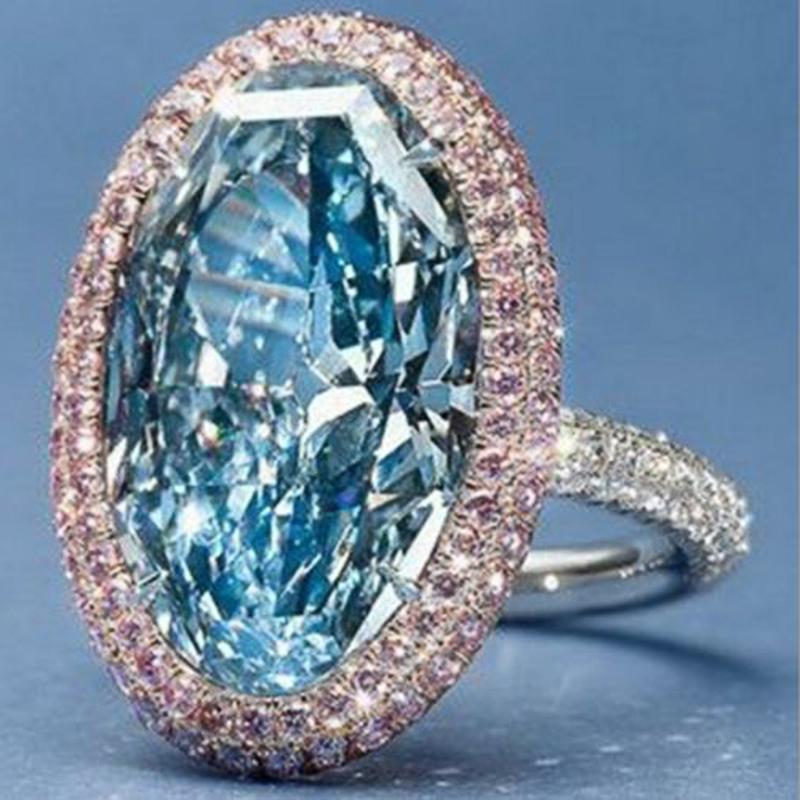 Huitan Store Ovale Blå Cubic Zirconia Ringer for Kvinner Nydelige Bryllupsjubileumsfest Dame Ringer Pavé Rosa CZ Trendy Smykker