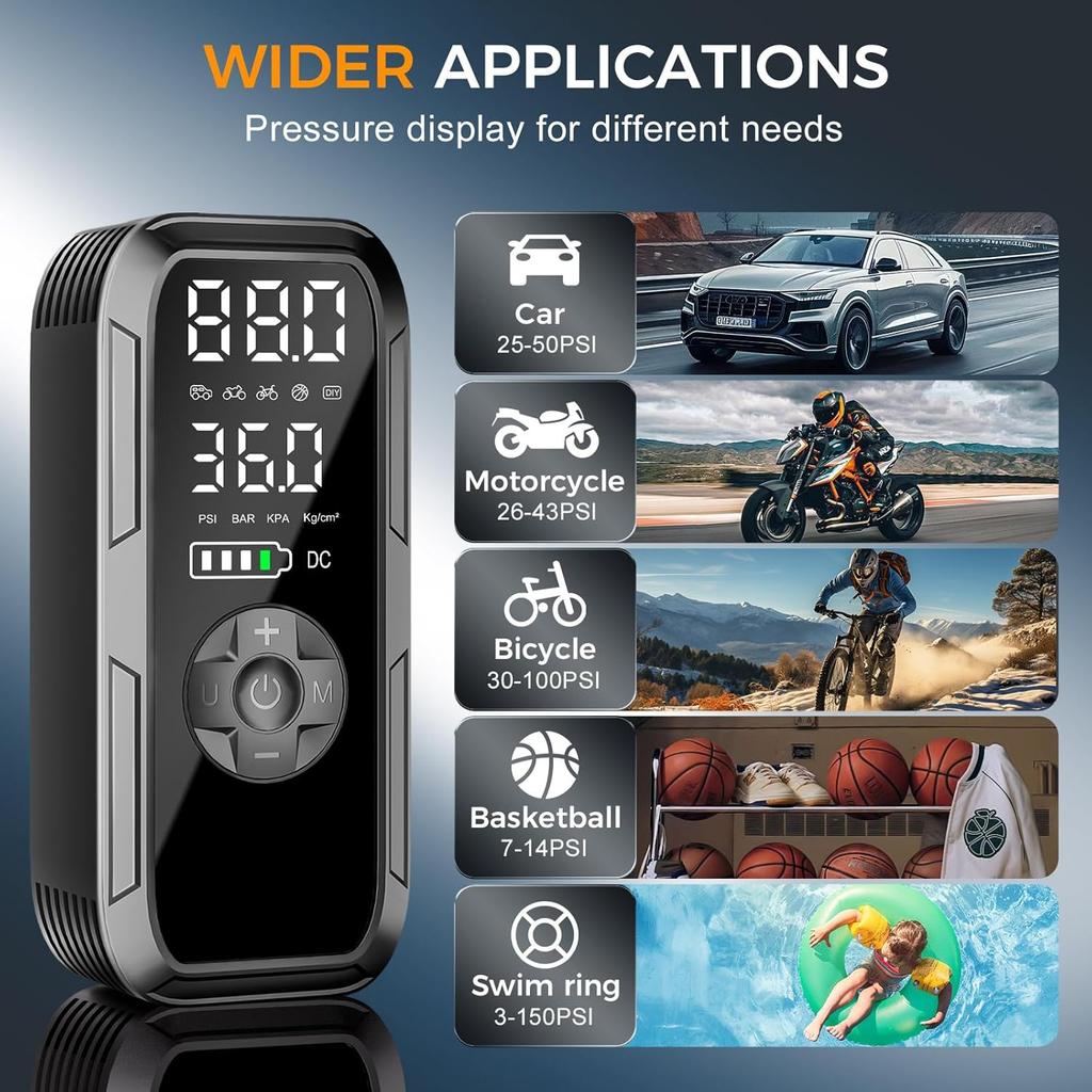 Portable Tire Inflator 150PSI 12V DC Air Pump with Digital Gauge & LED Light for Car, Bike, Ball