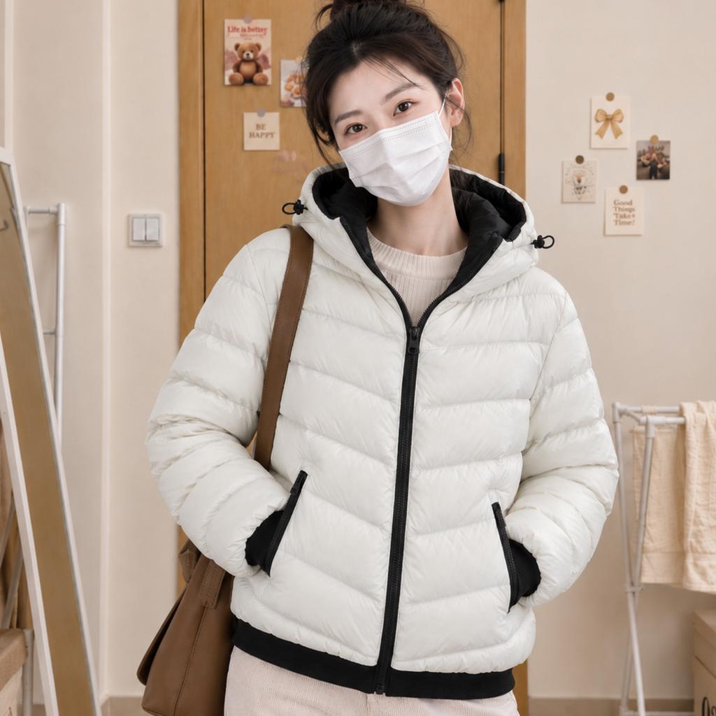 White Duck Down Ribs Down Jacket Women's Thickened Hooded Winter New Pink Thin Small Contrasting Coat