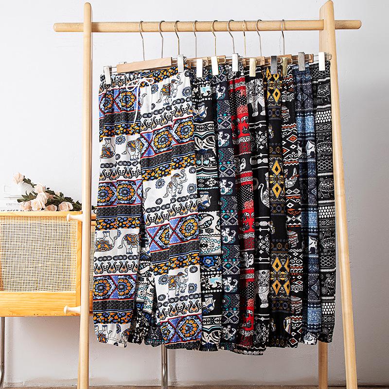 Damen Thai Elefantenmuster High-Waist Gecroppte Haremshose mit Bündchen - Ethnischer Sommer Weitbein-Stil